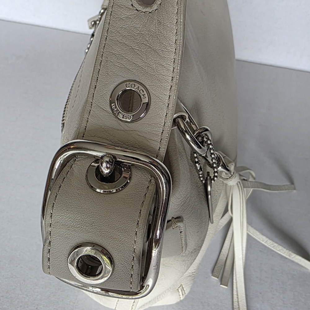COACH Pebbled Leather Shoulder Bag with Tassel Charm Cream Color - Picture 5 of 7